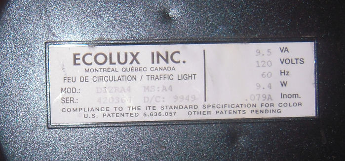Ecolux label.
Here is the label to my Red Ecolux Module... VERY similar to GE.... GE probably bought Ecolux, cause it's made in the same city...
Keywords: Traffic_Lights
