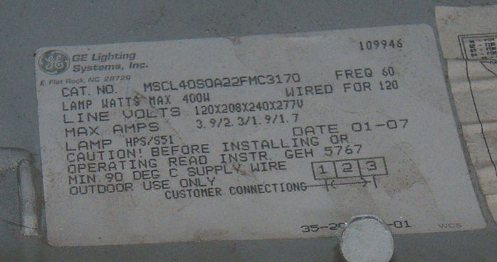 M-400 R3 label.
Here is the label for the M-400 R3.

Shows everything. Made in 2007.
Keywords: American_Streetlights