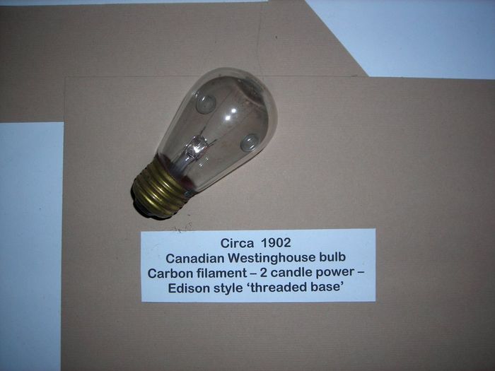 Westinghouse Canada 2 CP Carbon Incandescent 
Westinghouse Canada 2 CP Carbon Incandescent lamp from the same display as the GE, circa 1902. 

Keywords: Lighting_History