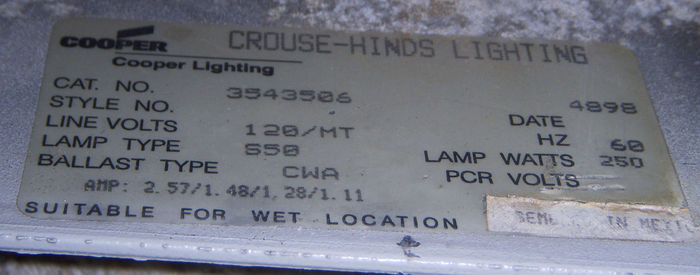 Cooper OVH Label.
Here is the label of the Cooper OVH. Note it says "Crouse Hinds Lighting" Which I don't get.

Why does it say Crouse Hinds on it?

Other than that this shows the specs.
Keywords: American_Streetlights