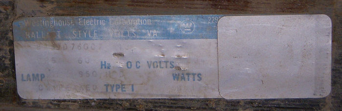 Westinghouse Ballast Label.
Here is the ballast label, which says Westinghouse. This Tudor is a 1983 version so it is Newer than my M-400 A1 FCO. This was when Westinghouse was bridging over to crouse-hinds.
Keywords: American_Streetlights