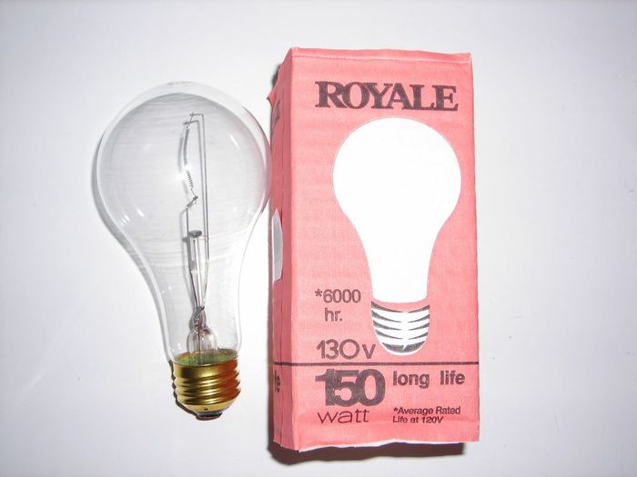 Philips 150w Clear Royale Incandescent 
Here's a Philips Royale incandescent that was made in Augest 2007 but it still uses the older Royale packaging. The lamp itself makes no mention of the Royale name though. 
Keywords: Lamps