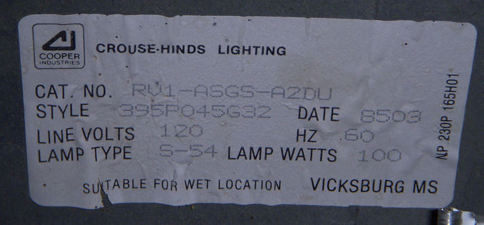 Crouse Hinds OV-15 Fixture Label.
Here is the label.

Note how on the corner it says "Cooper Industries" My guess is that COOPER bought out Westinghouse. And Crouse Hinds and Line Materials and McGraw Edison were all subsidies of Cooper Industries.

So pretty much Cooper DID exist in 1983-Today, just the logo NOW is much more noticeable and Is now a bigger brand then the subsidies.

So I COULD say my OVH is a Crouse-Hinds OVH as it says "Crouse Hinds" on it.
Keywords: American_Streetlights