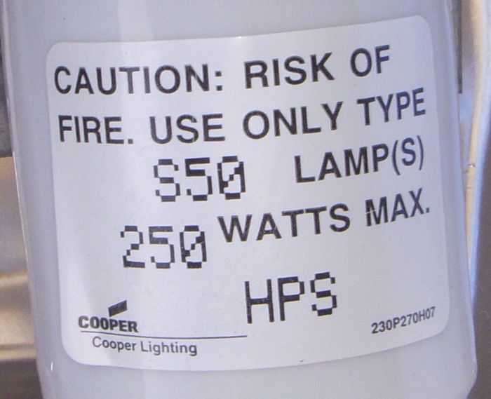 Cooper OVH Socket label.
Here is the socket label. Nothing special. All it says is about the Lamp type.
Keywords: American_Streetlights