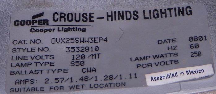 OVX label.
Here is the label of the OVX. As you can see, it says "CROUSE HINDS LIGHTING" and was made in 2001. August 2001.

Here also is all the specs.
Keywords: American_Streetlights