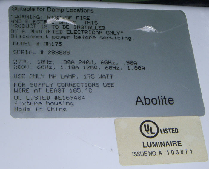 Abolite Highbay information label.
Here is the information label of the 175 watt MH highbay. Not much else to say.
Keywords: Indoor_Fixtures