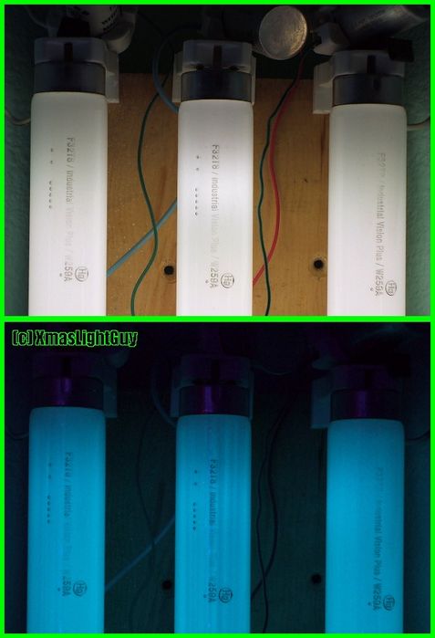 Glow-Lux/Afterglow F32T8's
You know how some lamps give a dim glow after being turned off? Here's some actually designed to glow after running!

Its a Glow-Lux/Afterglow lamp. When on just a plain 5000k thing (top image), but when you turn them off, the cool-ness really shows...they glow a green-blue color (bottom image). They work on the same principle that "glow in the dark" toys & such do...

These are slightly thicker than a normal T8..really closer a T9 in size
Keywords: Lamps