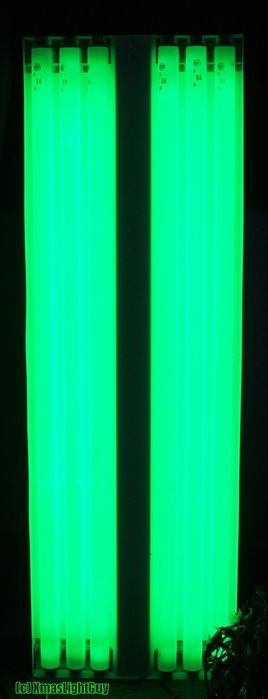 Simply Beautiful...
Always been one of my favorite "fluorescent colors" ... Green!

These are nice classic GE F40 T12 Green's (but even modern non-GE greens are the same awesome color)
Green lamps are always good & bright too :)
Keywords: Lamps