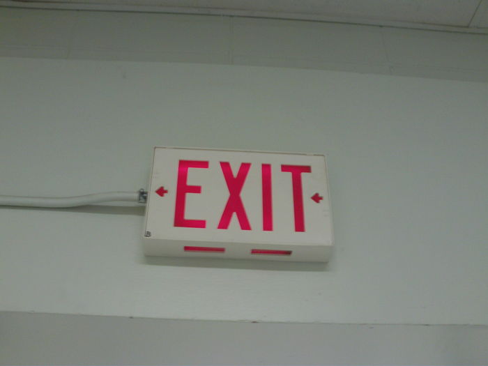 Exit!
Yup! This particular exit sign is located near the mechanics department at my school.

There's another similar exit sign facing that one! I have a picture of it as well.
Keywords: Indoor_Fixtures