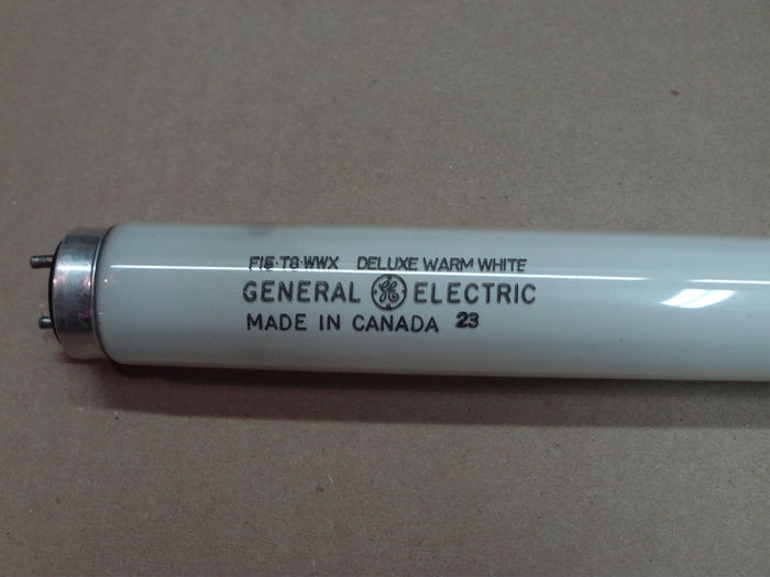 General Electric F15T8/WWX
Sweet lil' tube found in a desk lamp I also have. Both came from the recycle centre. I was surprised by how well the etch has been preserved over the years. It is almost 100% intact (aside from a piece of M in WARM missing).

The colour is somewhat similar to warm white, even side by side.
Keywords: Lamps