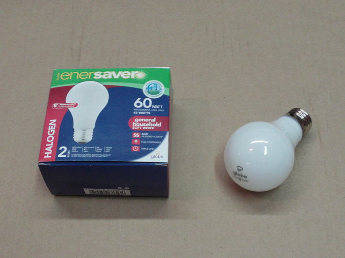 Globe Enersaver 43W halogen lamp
Those would supposedly replace a 60W bulb. They DO replace their own 60W with the same lumen output, although most 60W lamps of the big Three have a higher lumen output, making them no more efficient than the Enersavers pictured here.

These bulbs are only slightly more efficient than a typical 40W incandescent (500 lm) with 550 lm at 43W. I do like the fact they run much cooler, making them a better choice for completely enclosed fixtures.
Keywords: Lamps