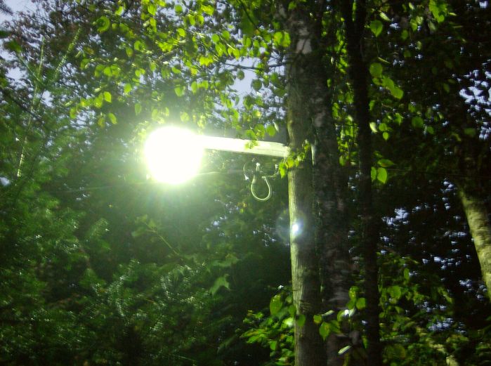Sylvania Powr/Bracket fixture with a 175W metal halide fixture.
Here's a fixture located in a campground that is about 60 miles away from Quebec City. I remember how loud the ballast was! It sounded like loose laminations or windings.
Keywords: American_Streetlights