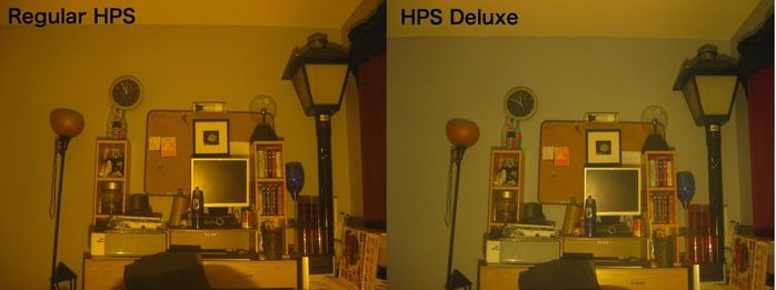 HPS comparing the effects of color rendering
I just recently got a few new lamps including a HPS Deluxe which the order code in this case would be LU70/DX/MED/ECO

That means this HPS (from the right side picture) is a GE 70 watt Deluxe with a medium base and low mercury

One of the differences from my own eyes, is I observed the Deluxe version has a thicker arctube. Also it does make better color rendering than the regular HPS...almost like an incandescent...but warmer

The one on the right is a Sylvania made off brand regular HPS
Keywords: Lit_Lighting
