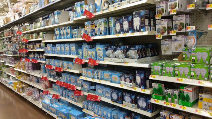 Walmart's light bulbs
They're all LED and halogen. They stopped selling CFLs.
Keywords: Lamps