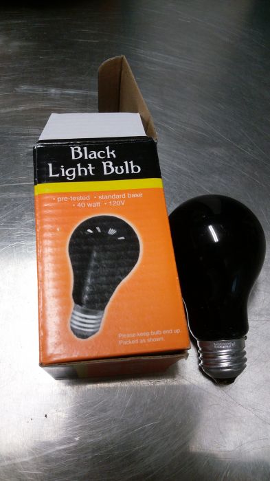 40w incandescent black light bulb
Also found in the stash of bulbs.
Keywords: Lamps