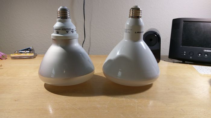 BR40 comparison
Any difference of a BR40 CFL (left), and a BR40 LED (right)?
Keywords: Lamps