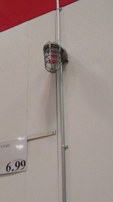 vandal proof wall fixture with a 13w red CFL inside
This I have never seen before. Also I have no idea what it does. Plus it's near a walk-in refrigerator, and there's a switch on the bottom (not pictured) to turn on the fixture.
Keywords: Indoor_Fixtures