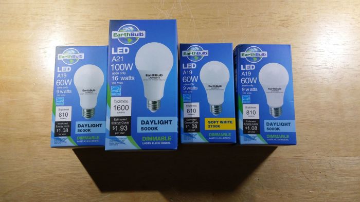 HEB Lighting Clearence finds
I got these at HEB for a good reasonable price. Three are one dollar, which is the two 9w (60w equivalent) daylight LED bulbs and one is a 9w (60w equivalent) soft white LED bulb. Plus, one is two dollars, which is the 16w (100w equivalent) daylight LED bulb, which is a bit bigger than the 9w ones.

Now your wondering, wheres the clearance stickers? They're on the side where the lighting facts are. Also they are all Earthbulb branded, which HEB sells.
Keywords: Lamps