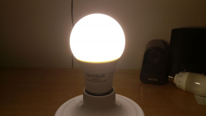 Earthbulb 9w (60w equivalent) soft white LED bulb (lit)
Now my camera can't tell, but its definitely a soft white color off camera
Keywords: Lit_Lighting