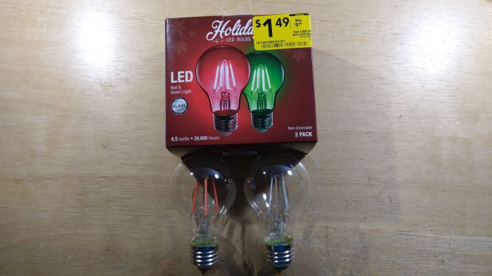 Feit Electric red & green LED filament bulbs
Got these on clearance in Lowes for $1.49.
Keywords: Lamps