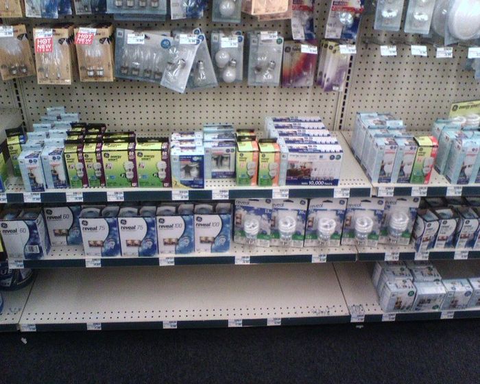 CVS/Pharmacy bulb aisle - where are the incandescents?
They were hoarded! The empty shelf on the bottom is for the soft whites waiting to be restocked. I guess the mercury thing, fire danger, and lousy color associated with CFLs have taken ahold on the public, even here in Kalifornia.
Keywords: Lamps