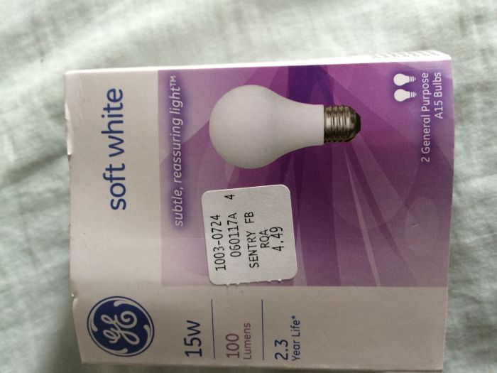 GE 15w Soft White
These current-issue GE 15w soft white seem to have moe of a Q-coated finish than Soft White.  Picked these up at Sentry.  I don't presently have a USE for 15w bulbs (way, way too dim for any use I have) but thought the finish and gold colored etch were unusual.  These are the current version but I thought I'd get some anyway.  

I had a crazy thought: How about a multi-bulb chandelier lit with nothing but these?  
Keywords: Lamps