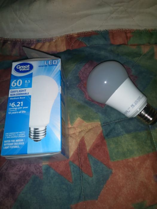 Great Value 8.5 Watt 5000K LED Lamp
Picked up three as they were relatively cheap at exactly 3.54 each. We will see how they last. They are supposed to be 60 watt equivalent but they seem brighter. 
Keywords: Lamps
