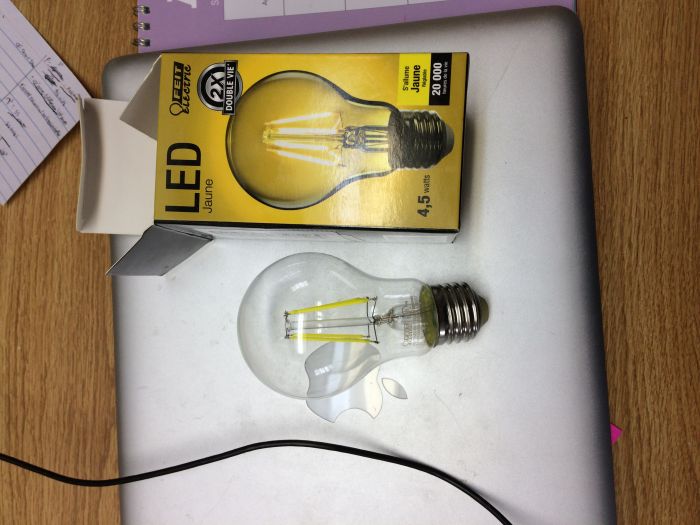 Feit Yellow LED Filament
Amazon find.  Color is more like highlighter-yellow but a neat piece nevertheless.  
Keywords: Miscellaneous