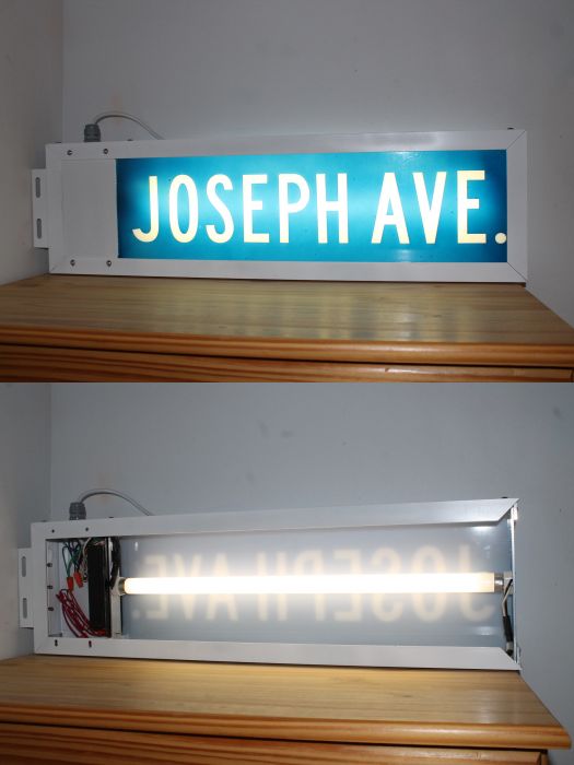 Illuminated Street Sign - Completed
Here's the backlit street sign I made finally completed. It's based off old 1960s era backlit street signs that Toronto used to use. It's shown here with a Sylvania F17T8 and a Advance magnetic rapid start F17T8 ballast. I used T8 but I can fit a F20T12 lamp and ballast if needed. 
Keywords: Misc_Fixtures