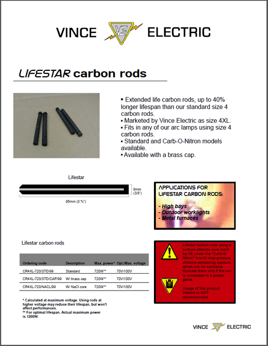 Lifestar carbon rods - Datasheet
Here's the datasheet for the Vince Electric's Lifestar carbon rods, a line of extended lifespan carbon rods that will burn for a longer time than standard carbon rods.
Keywords: Drawings_/_Wire_Diagrams_/_Spec_Designs_/_Etc.
