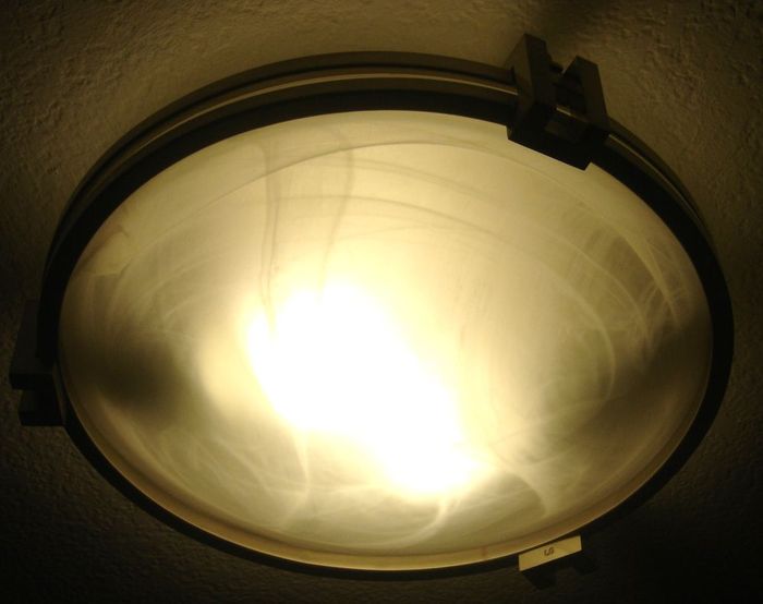 Thats a Nice Looking Light....
the Fixture looks to be a Standard Ceeling Pan with this Nice looking Open Diffuser over it....it has Two CFL's in it...im not sure what brand this is...but LG is Stamped on the Diffusers Metal Holder.
Keywords: Indoor_Fixtures