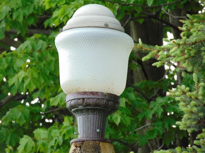 Westinghouse Murphy Globe 6.6A Series Incandescent
Located in North Tonawanda, NY.  This was Westinghouse's answer to GE's Novalux posttop luminaires.  The aluminum domes were the hallmark of 1930s "streamlining" Art Deco styling of that era.
Keywords: American_Streetlights