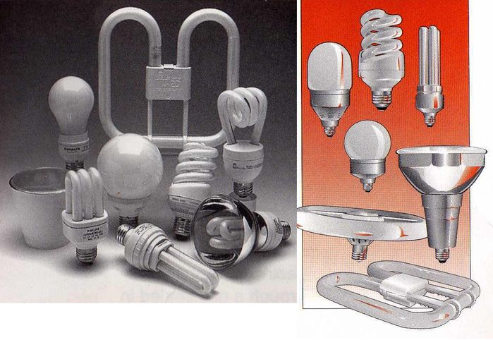 Collection of older CFLs from Seattle City Light brochure
From the first full brochure on how to use CFLs in the home, published by Seattle City Light. I have owned or still have almost all the CFLs shown, except the Sunpark A lamp (far left) and the globe-style magnetic ballast lamps (Panasonic/GE). All of these - even the electronic Lights of America & Philips CFLs in various shapes - tended to be longer-lasting than the spiral-based stuff you buy nowadays.
Keywords: Lamps