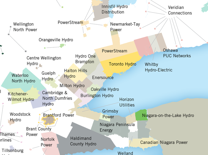 Utility Companies Map - GTA 
Here's a map that's cropped from [url=http://www.ieso.ca/imoweb/pubs/local_distribution/Ontario_LDC_Map.pdf]this one[/url] showing the utilty companies in the GTA (Greater Toronto Area) and its surroundings. 

My local utilty company is Powerstream, which serves Alliston, Aurora, Barrie, Beeton, Bradford West Gwillimbury, Penetanguishene, Markham, Richmond Hill, Thornton, Tottenham and Vaughan, ON and Niall's utiliy company would be Hydro One Brampton on this map. 

The "background" is actually rural areas that are served by Hydro One Networks, not to be confused with Hydro One Brampton which only serves that City of Brampton.

[url=http://www.ieso.ca/imoweb/siteShared/local_dist.asp]Here's[/url] the complete list of utility companies in Ontario. 
Keywords: Drawings_/_Wire_Diagrams_/_Spec_Designs_/_Etc.