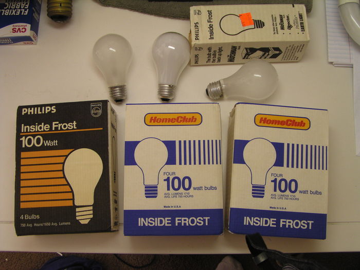 Restore find - real inside frost bulbs!
Here are some Philips and Homeclub bulbs. The Philips 75w and 100w bulbs were made in Canada, they are from '92. The Homeclub bulbs were made by Philips in the USA at an old Westy plant, made in '89. The soft white bulb is a modern philips 75w from China which got included in the sleeve at the top.
Keywords: Lamps