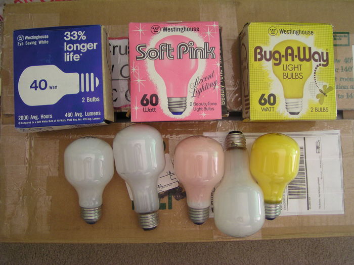 Westinghouse Eye Saving family of bulbs from the early 80s
Here it is, Westinghouse Eye Saving bulbs in all three finishes, soft white, Beauty-Tone soft pink, and Bug a Way!The 40w soft whites were found in a Restore last Thursday, the other two I won on eBay this year. The soft white package is from the mid 70s to early 80s (bulbs are 1982), the other two are of the last generation package design before the Philips packages came along (early-mid 80s, bulbs are all 1982). What do you think of Westinghouse bulbs in general?
Keywords: Lamps