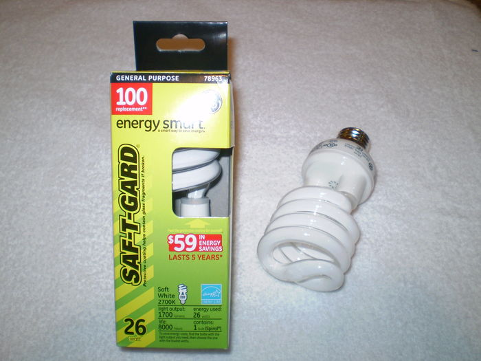 General Electric Saf-T-Gard General Purpose CFL Bulb
General Electric Saf-T-Gard General Purpose 26 Watts CFL Bulb

Fabrication Location: China
Ballast: Electronic Integral
Keywords: Lamps