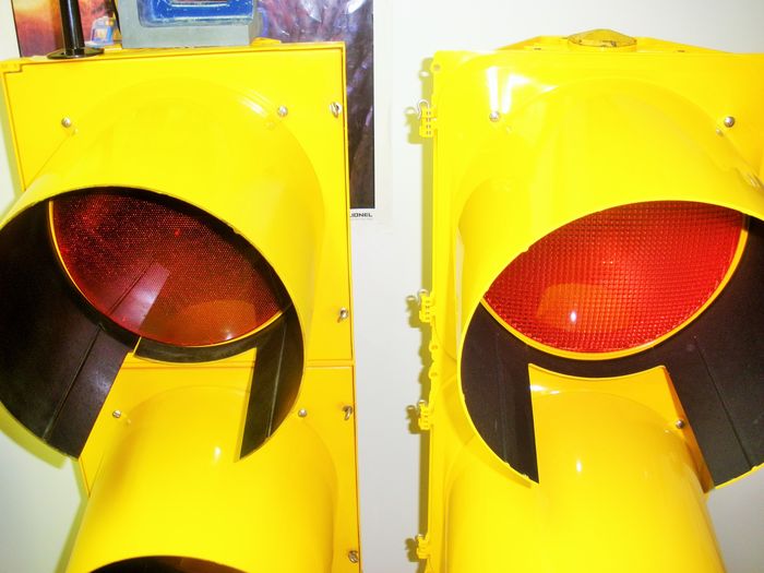 Visor Comparo
Freshly repainted on the left, brand new from the factory on the right. The visors are the same, but the signal brands are different, Eagle DuraSig is on the left, Dialight Integrated is on the right. 
Keywords: Traffic_Lights