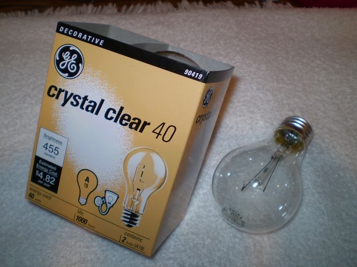 General Electric Crystal Clear 40
Here is my recent find from Kroger a couple weeks ago (2012-4-22).  Can you believe this crap the General Electric made now [img]http://www.galleryoflights.org/mb/gallery/images/smiles/icon_mad.gif[/img]

In this case this is Chinese made and now the lumens rating is lower than before.  What even worse, the filament is now in V shape with one support.

Here an earlier find posted at [url=http://www.galleryoflights.org/mb/gallery/displayimage.php?pos=-1273]General Electric Crystal Clear 40[/url]

Fabrication Location: China
Keywords: Lamps
