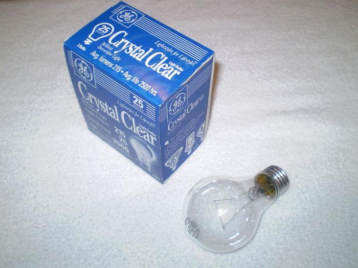 General Electric Crystal Clear 25 Watts
I finally found the classic package for General Electric Crystal Clear 25 Watts version.

I found this at Ace Hardware at Dunwoody, GA, USA today (2010-7-5).

Light Output: 215 Lumens
Life: 2500 Hours
Voltage: 120 Volts
Filament: Coiled (C-6) (Unsupported)
Keywords: Lamps