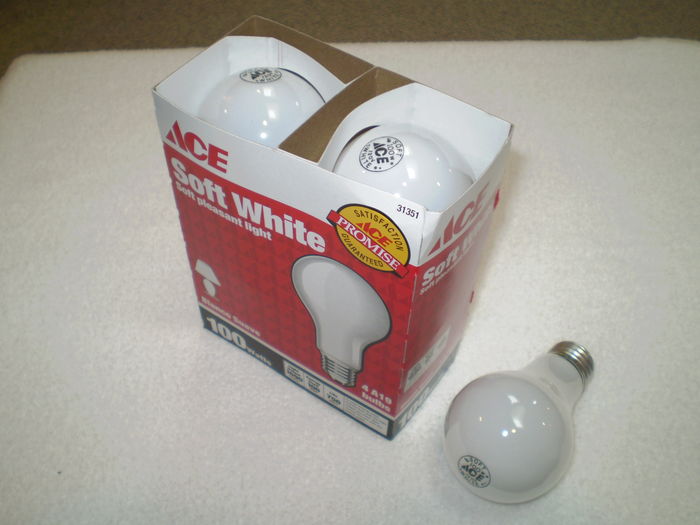 ACE Soft White 100 Watts
Here I bought from ACE Hardware at Dunwoody, GA, USA on July 5th 2010.

Base: [Medium] (one-inch) Edison Screw (E26)
Light Output: 1690 Lumens
Life: 750 Hours
Voltage: 120 Volts
Fabrication Location: USA
Bulb Shape: A19
Keywords: Lamps