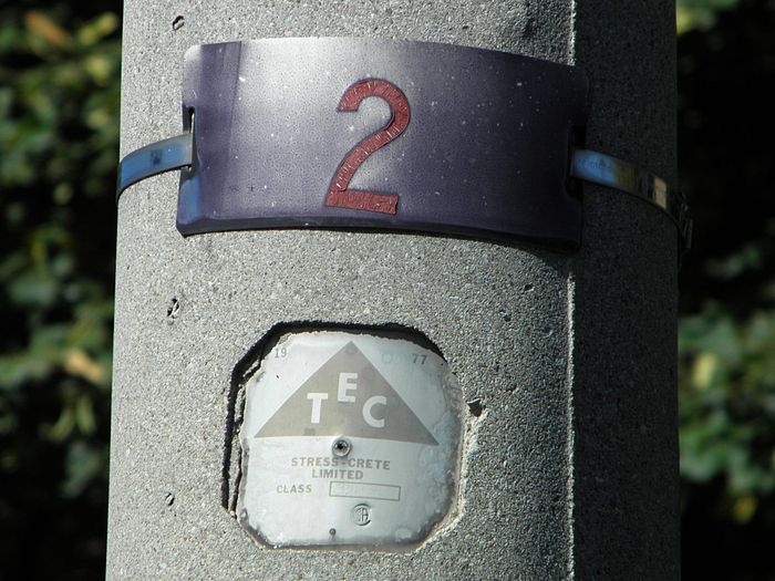 Pole Tags
Here's a example of a older pole tag in my area, they use FHWA Series C numerals on a metal plate. The manufacturer's plate is below the pole number. 
Keywords: Miscellaneous