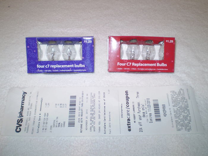 A pair of Clear Replacement C7 Christmas Light Bulbs
Here are a pair of clear replacement C7 christmas light bulb that I got from the local CVS Pharmacy over the weekend.  The purple package is from 2008 and the red package is from 2009.  Probably they are selling the old package from leftover christmas merchandise from last year.

Bulb Finish: Clear
Base: Candelabra Edison Screw (E12) (Brass)
Fabrication Date: 2008 and 2009
Fabrication Location: China
Voltage: 120 Volts
Bulb Shape: C7
Keywords: Lamps