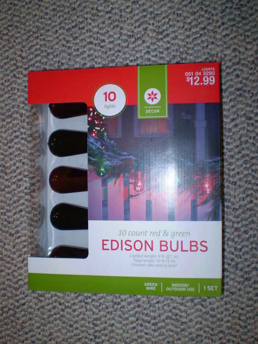 Dcor 10 Count Red & Green Edison Bulbs
Here I picked this up at Target at Merchants Festival Shopping Center, East Cobb, Marietta, GA, USA today (2013-11-23) thought it would be a great addition.  Upon closer examination, I was disappointed that this is the Intermediate Edison Screw (E17) version light string.  This one set me back US$ 12.99 for this one.

Factory Location: China
Keywords: Misc_Fixtures