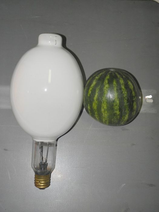 Watermelon On A Stick? 
Well, since you guys like to call the 1kw lamps watermelons on a stick, here's a pic showing a comparision between a 1kw MH and a mini watermelon :D
Keywords: Miscellaneous