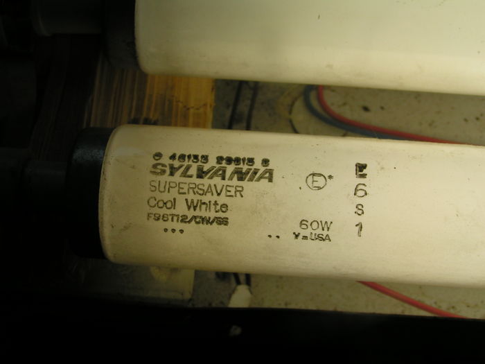 Sylvania F96T12/CW/SS
Came in my slimline fixture I got today.  These are picky about temperature- at about 40 degrees forget it but at 75 degrees they're pretty bright once warmed up but still flicker at first.  Despite being the hated 60w energy savers (trust me, 75w lamps are in the offing) they're decently bright on the full-power Advance ballast.  
Keywords: Lamps