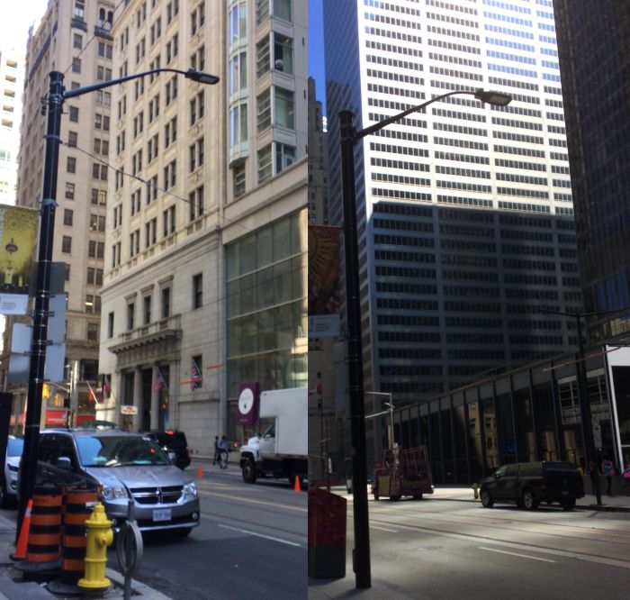 Philips Hadco RX2's
Recent LED installs in Toronto. Only street that I know of in Toronto that now has LED's. On the right photo you can see an old pole that used to hold OV-25's. These fixtures go well with the street setting.
Keywords: American_Streetlights