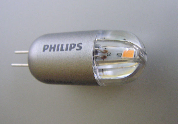 Philips 1.2w retrofit for 10w halogen
It seems obvious Philips is pushing LEDs as this was just a hair more than the cost of their 10w halogen, which this lamp is designed to replace. I won't put it into service until the next halogen burns out, which should be soon :)  It may not fit without removing or modifying the reflector....I guess we'll see. Testing this on a 9v battery....it looks like it puts out about 10w & the light quality looks pretty close halogen.
Keywords: Lamps