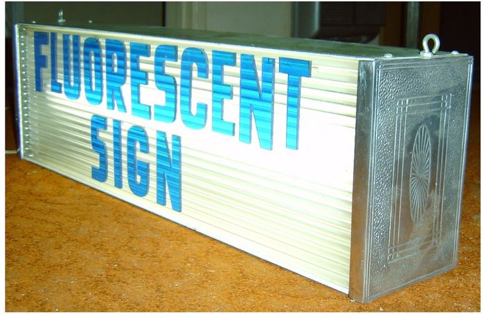 Fluorescent Sign 1949?
A lighted sign with a 20W 4500K fluorescent lamp that Vince dated to 1949. The decorative endplates are really cool! It came with a box of letters, numbers etc.
Keywords: Misc_Fixtures