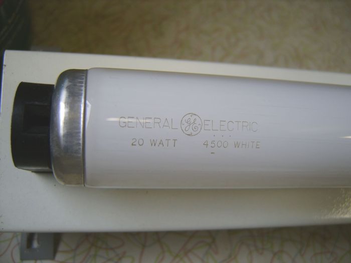 GE 20W 4500 WHITE Fluorescent Lamp
Looks pretty old, there's no centering notch on the endcaps.
Keywords: Lamps
